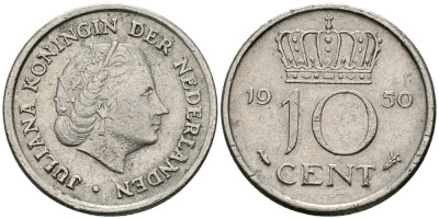 НИДЕРЛАНДЫ 10 ЦЕНТОВ 1950 ЮЛИАНА KM 182 никель 96-452
