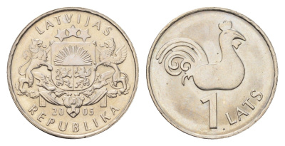 Латвия 1 лат 2005 Петух церкви Святого Петра KM 65 медно-никель UNC 4679-326