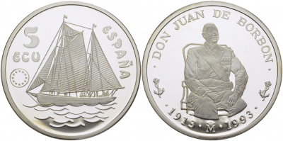 Испания 5 экю 1993 Хуан Карлос I (1913-1993), парусник серебро PROOF 11-165-35