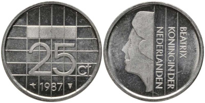 НИДЕРЛАНДЫ 25 ЦЕНТОВ 1987 БЕАТРИКС KM 204 никель 112-748