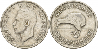 Новая Зеландия 1 флорин 1947 Георг VI (1937-1952), птичка киви KM 10.2а медно-никель 3457-131