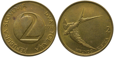 Словения 2 толара 1998 KM 5 латунь 4548-737