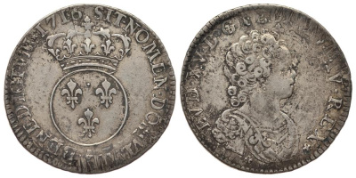 Франция 30 солей - 1/4 экю 1716 А, Людовик XV, KM 419.1 (C18.1) серебро 00-815-76