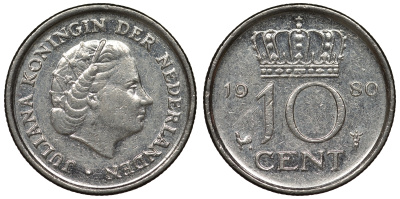 Нидерланды 10 центов 1980 Юлиана (1949-1980) KM 182 никель 71-344