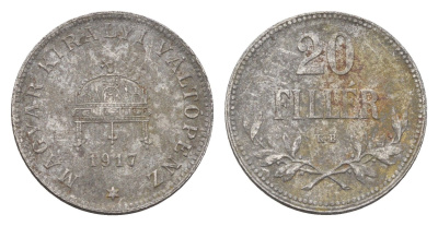 Венгрия 20 филлеров 1917 KB, Карл I (1916-1918) KM 498 железо 4664-1127