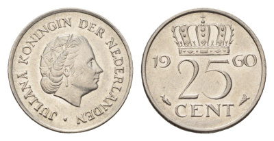Нидерланды 25 центов 1960 Юлиана (1948-1980) KM 183 никель 4658-821