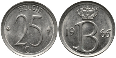 Бельгия 25 сантимов 1966 Belgie, Бодуэн I (1951-1993) KM 154.1 медно-никель 99-353