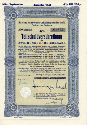 Германия 200 рейхсмарок 1941 АО Schluchseewerk (оператор 5 ГЭС), Фрайбург-им-Брайсгау, 4% -ное частичное обязательство   бумага  8804-79-1