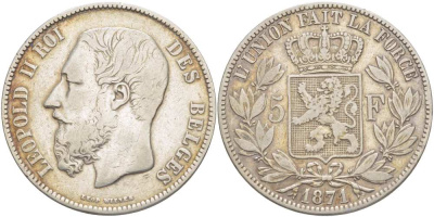 Бельгия 5 франков 1871 Леопольд II (1865-1909) KM 24 серебро 4184-622