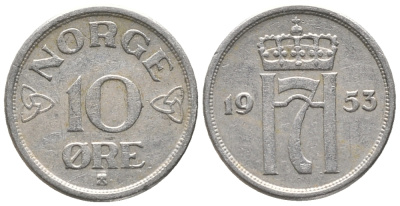 НОРВЕГИЯ 10 ЭРЕ 1953 ХОКОН VII (1905-1957) KM 396 медно-никель 100-1212