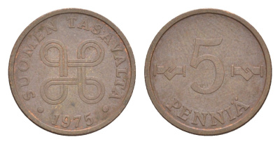 Финляндия 5 пенни 1975 KM 45 медь 4647-266