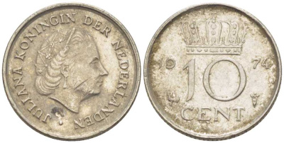 НИДЕРЛАНДЫ 10 ЦЕНТОВ 1974 ЮЛИАНА (1948-1980) KM 182 никель 116-559