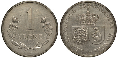 Гренландия 1 крона 1960 КМ 10а медно-никель 1527-532