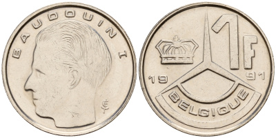 Бельгия 1 франк 1991 Belgique, Бодуэн I (1951-1993) KM 170 железо плакированное никелем    4598-122