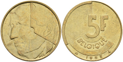 Бельгия 5 франков 1992 Belgique KM 163 алюминиевая бронза 4126-243