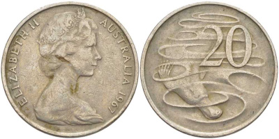 Австралия 20 центов 1967 Елизавета II (1952-2022), утконос KM 66 медно-никель 38-711