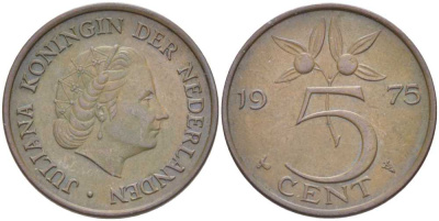Нидерланды 5 центов 1975 Юлиана (1949-1980) KM 181 бронза 213-1127