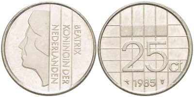 НИДЕРЛАНДЫ 25 ЦЕНТОВ 1985 БЕАТРИКС KM 204 никель 3309-356