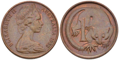 АВСТРАЛИЯ 1 ЦЕНТ 1982 ЕЛИЗАВЕТА II, МОЛОДОЙ ПОРТРЕТ, ОПОССУМ KM 62 бронза 100-931