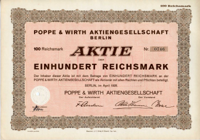 Германия 100 рейхсмарок 1928 Акционерное общество "Поппе и Вирт", Берлин, акция   бумага   8803-65-1