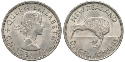 Новая Зеландия 1 флорин 1965 Елизавета II (1952-2022), птичка киви KM 28.2 медно-никель XF-UNC 51-656