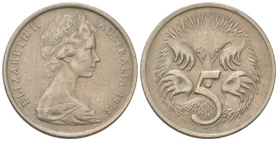 Австралия 5 центов 1973 Елизавета II (1952-2022), ехидна KM 64 медно-никель 4668-1162