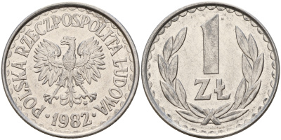 Польша 1 злотый 1982 MW KM 49.1 алюминий    4161-1032