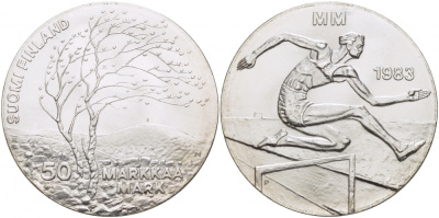 Финляндия 50 марок 1983 K-T, чемпионат мира по атлетике, бег с препятствиями KM 61 серебро UNC 6-5-1-23