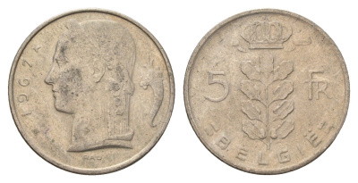 Бельгия 5 франков 1967 Belgie, Бодуэн I (1951-1993) KM 135 медно-никель 4673-855
