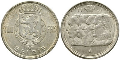 Бельгия 100 франков 1951 Belgie, королевская династия KM 139.1 серебро 1526-1315
