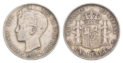 Испания 1 песета 1899 Альфонсо XIII (1886-1931) KM 706 серебро    1531-1114