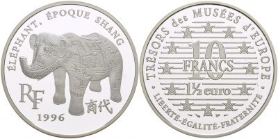 Франция 10 франков = 1 1/2 евро 1996 серия сокровища музеев Европы, слон династии Шан KM 1123 серебро PROOF 1068-4-51