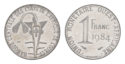 Западная Африка (BCEAO) 1 франк 1984 Центральный банк государств Западной Африки KM 8 нержавеющая слава UNC 4643-735