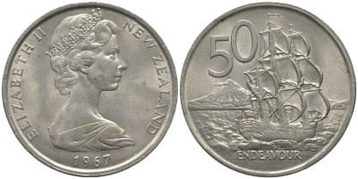 Новая Зеландия 50 центов 1967 Елизавета II (1952-2022), парусник Индевор KM 37 медно-никель 81-632