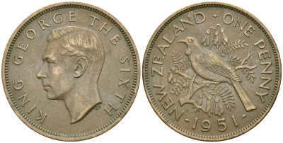 Новая Зеландия 1 пенни 1951 Георг VI (1936-1952), новозеландский туи KM 21 бронза 4536-542