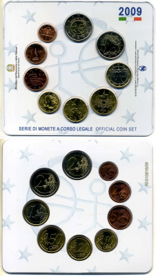 Италия евронабор из 9 монет 2009 10 лет Валютному союзу, запайка в пластик, оригинальный картонный буклет BUNC 5-4-4-26