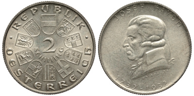 Австрия 2 шиллинга 1932 200 лет со дня рождения Йозефа Гайдна KM 2848 серебро 413-5832