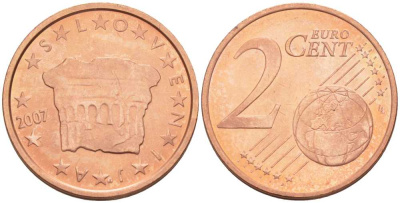 СЛОВЕНИЯ 2 ЕВРОЦЕНТА 2007 КНЯЖЕСКИЙ КАМЕНЬ ВЛАСТИ KM 69 сталь плакированная медью UNC 214-413