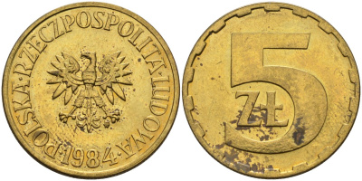 Польша 5 злотых 1984 MW KM 81.1, Parchimowicz 221i латунь aUNC 4551-816
