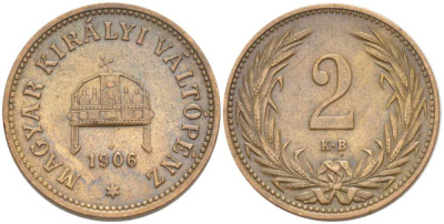 Венгрия 2 филлера 1906 КВ, Франц Иосиф I (1848-1916) KM 481 бронза 201-227