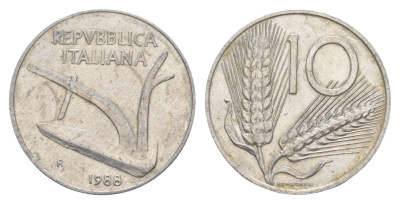 Италия 10 лир 1988 R, плуг, колосья KM 93 алюминий 4551-944