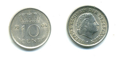 НИДЕРЛАНДЫ 10 ЦЕНТОВ 1964 ЮЛИАНА KM 182 никель 76-337