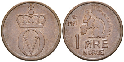 Норвегия 1 эре 1971 белка, Улаф V (1958-1991) KM 403 бронза UNC 4580-948