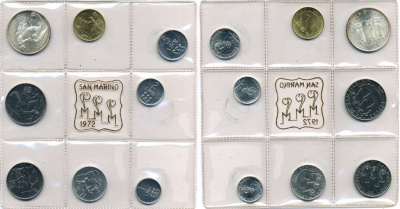 Сан-Марино годовой набор из 8 монет 1972 1, 2, 5, 10, 20, 50, 100 и 500 лир мать поднимает ребенка в воздух KM 14-21, в оригинальной пластиковой запайке серебро KM MS1 серебро UNC 5-4-3-52