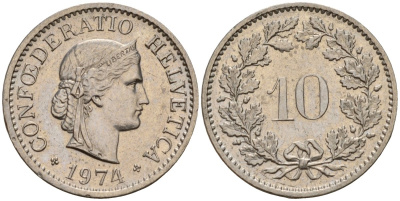 Швейцария 10 раппенов 1974 KM 27 медно-никель 4189-423