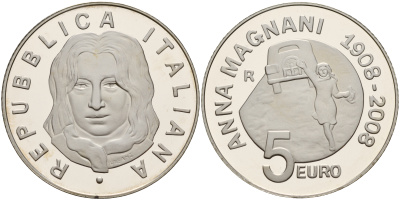 Италия 5 евро 2008 R, 100 лет Анне Маньяни, в оригинальной коробке с сертификатом KM 303 серебро 2-4-2-28
