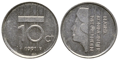 НИДЕРЛАНДЫ 10 ЦЕНТОВ 1991 БЕАТРИКС KM 203 никель 4383-1113