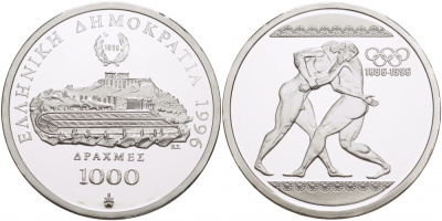 Греция 1000 драхм 1996 ОЛИ100 лет Олимпийским играм - Борьба KM 166 серебро PROOF 1068-2-24