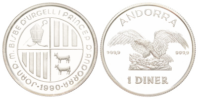 Андорра 1 динер 1990 Беркут, тираж 3.000 экземпляров KM 66 серебро BU 441-235