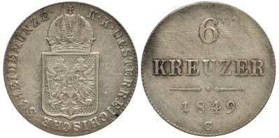 Австрия 6 крейцеров 1849 C, Франц Иосиф I (1848-1916) KM 2200 серебро 413-5922